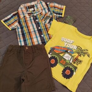 Plaid Shirt and Surf Tour T-Shirt with Brown Shorts Set